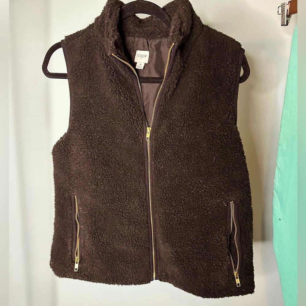 J. Crew Black Sherpa Fleece Excursion Vest with Gold Hardware Size M